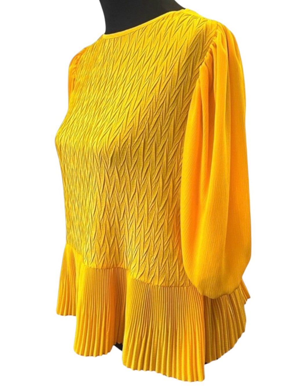 Zara Orange/Yellow Balloon Sleeve Textured Bottom Pleating Blouse Top (XS)
